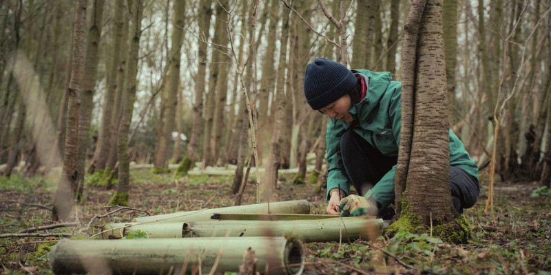 a woman is crouched down next to some tree guard spirals with lots of trees behind her